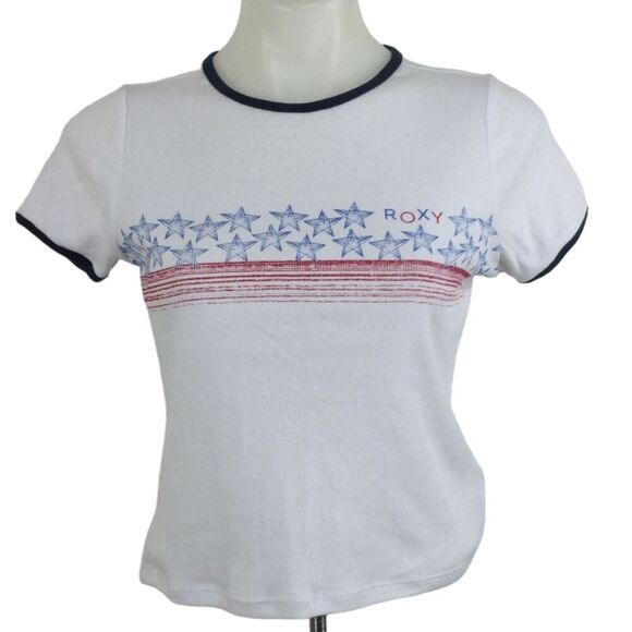 Roxy Americana Stars and Stripes Short Sleeve T-Shirt Top Bright White XS NWT - Picture 1 of 7
